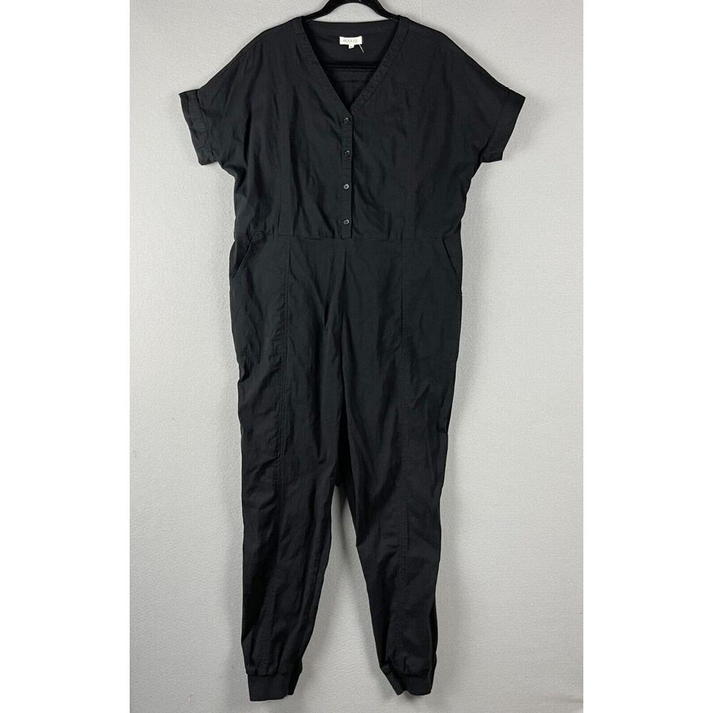 Roolee Jumpsuit Womens XL Black Shirt Sleeve‎ Waist Tie Stretch V Neck